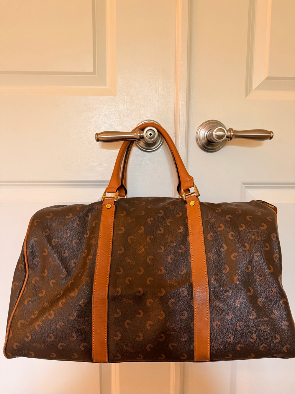 Carven Paris travel Duffel Bag in Brown and Tan - Designer Logo Pattern - Picture 11 of 15
